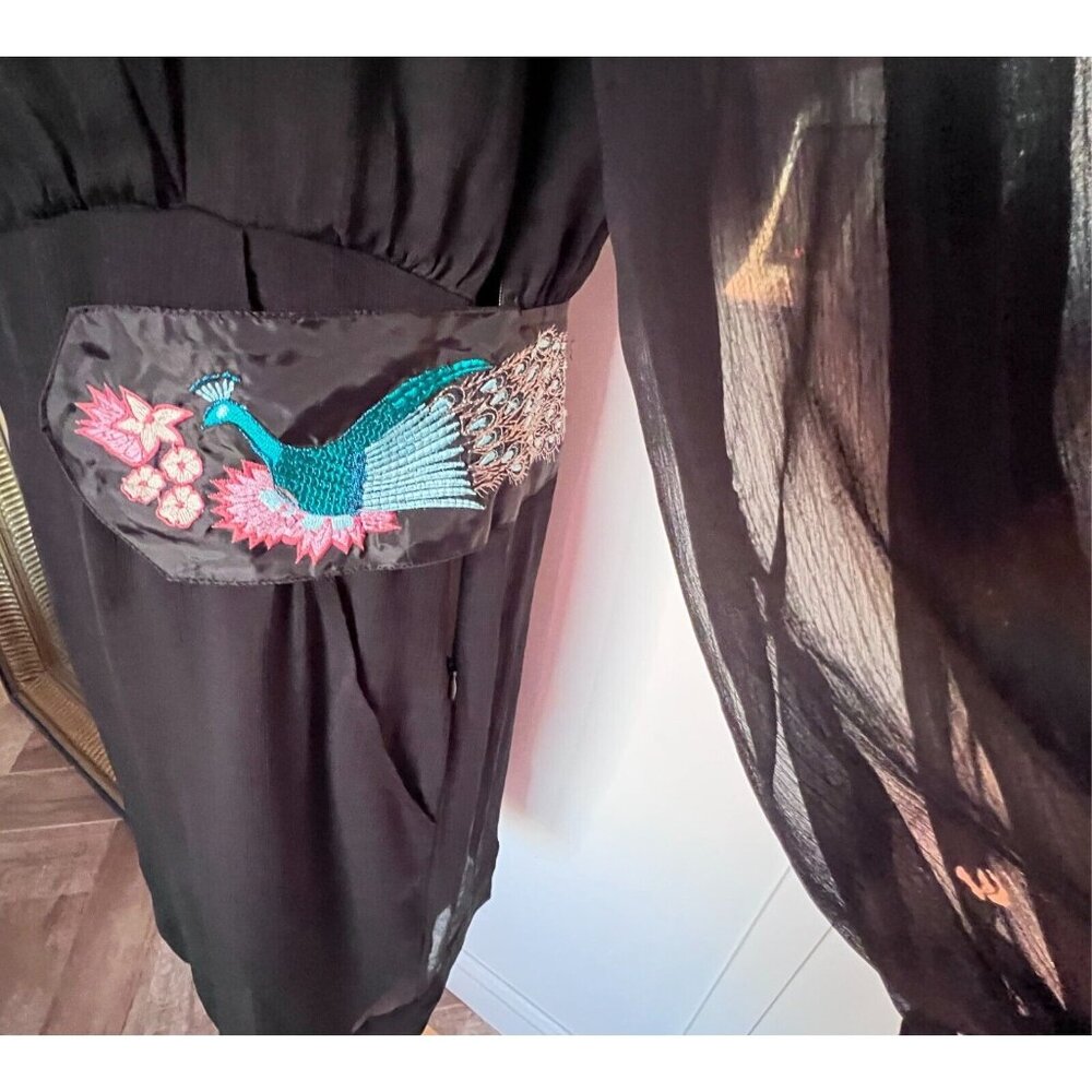 Desigual Black Dress EU 42 US L Peacock Embroidery Veil Sheer Sleeves Rochie - Picture 12 of 16